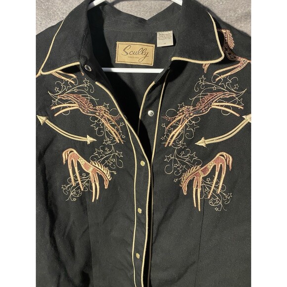 Scully Women's Western Pearl Snap Shirt Black Embroidered Horses Stars M - Picture 2 of 10